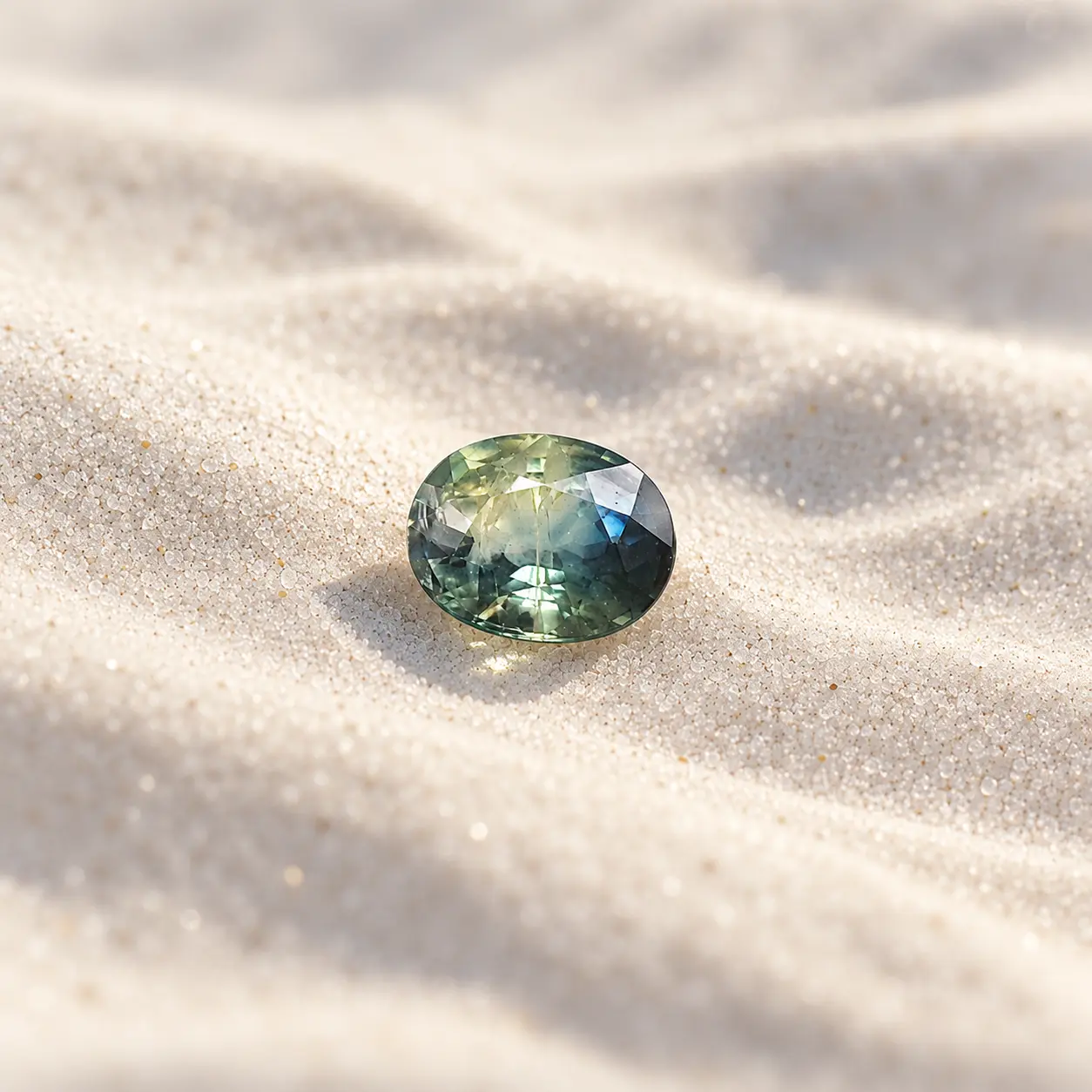 A blue-green loose gemstone resting on pale sand