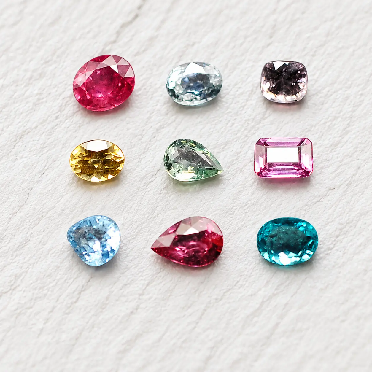Colorful loose gemstones arranged on white fabric