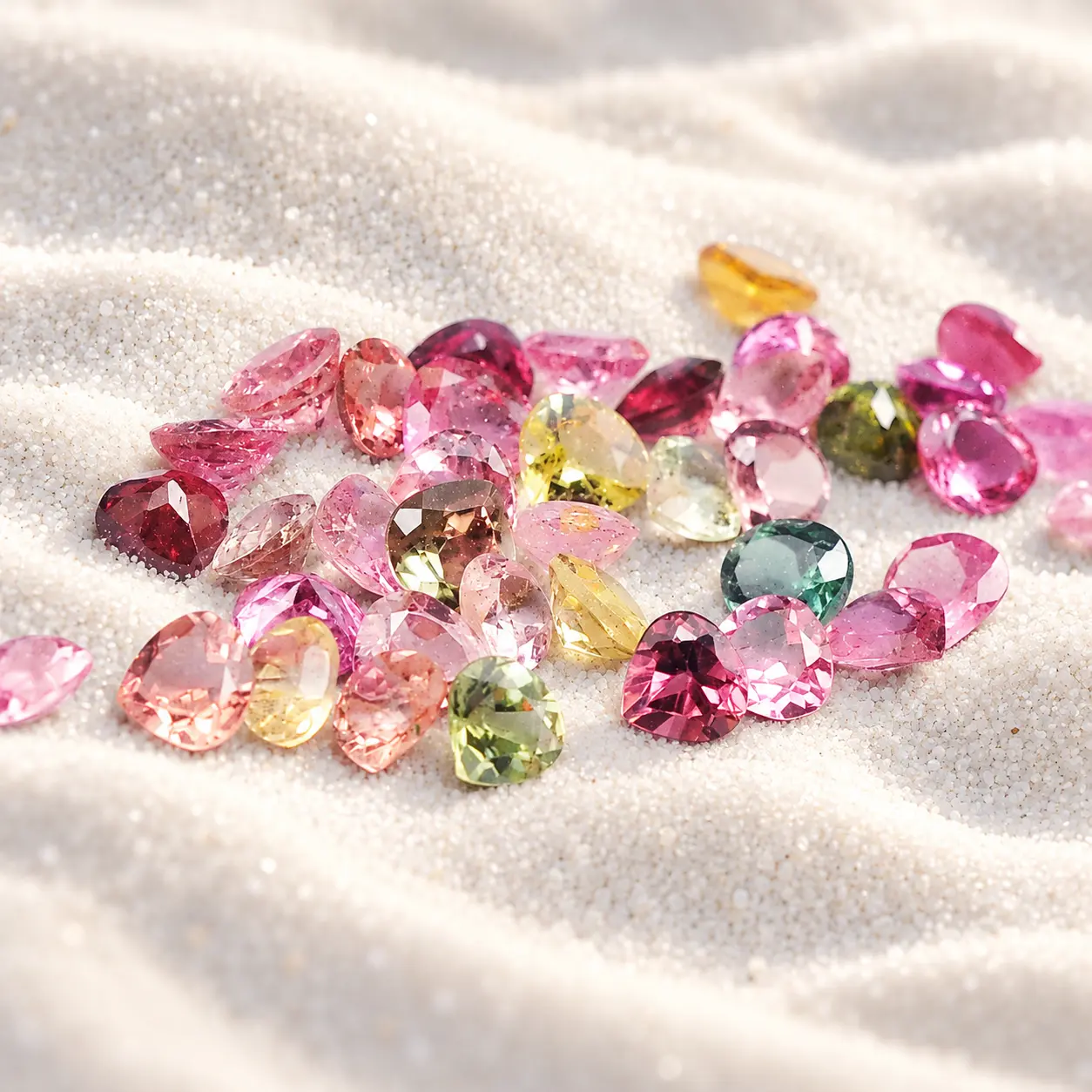 Colorful loose gemstones gathered on pale sand