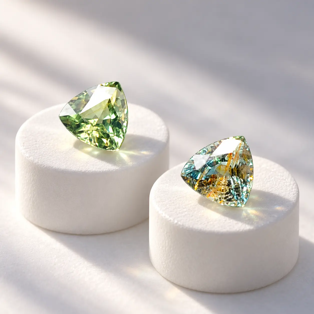 Green gemstones displayed on white pedestals