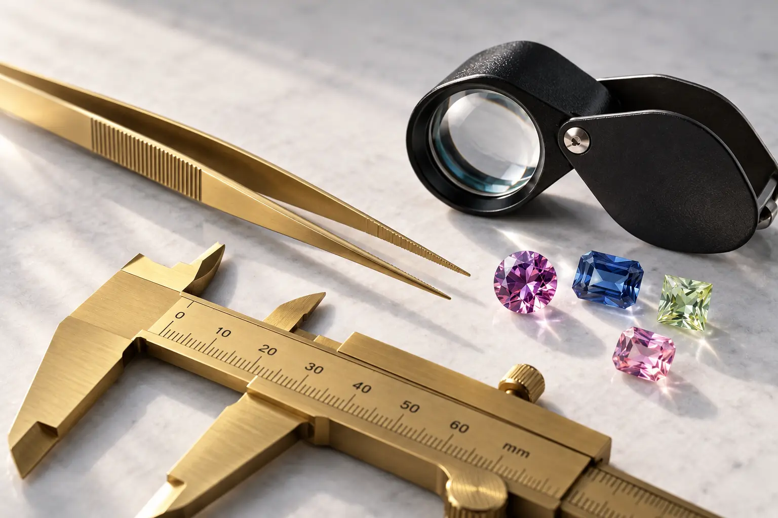 A loupe, tweezers, caliper, and colorful loose gemstones