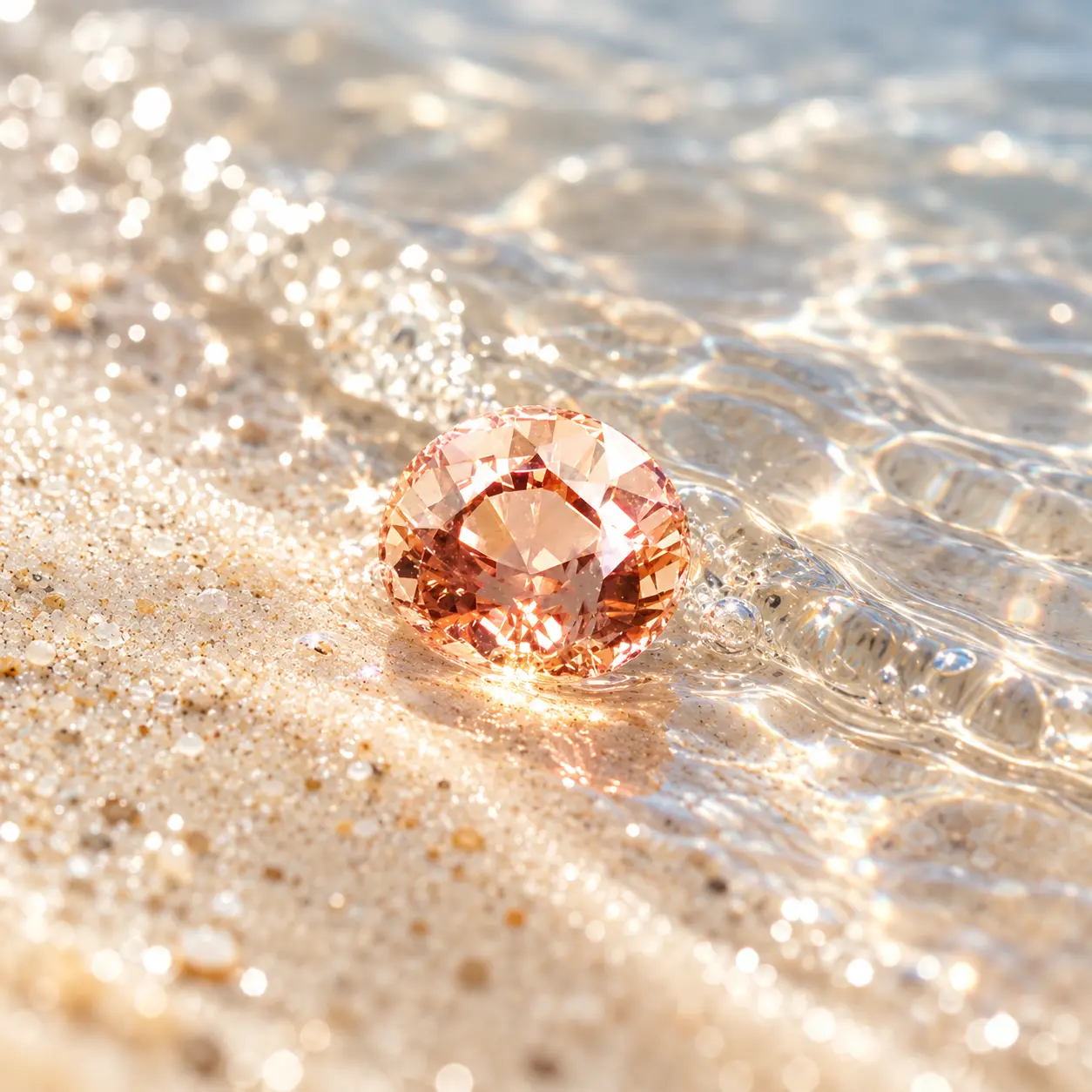 An orange loose gemstone shining on sand beside water